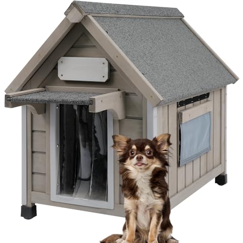 Wooden Outdoor Dog House for Small Dogs, Weatherproof Pet Shelter with Reinforced Frame, Ventilated Window, PVC Door Flap, and Nameplate,18" L x 25" W