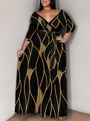 Image of PinkPatty Women's Plus Size Maxi Dress Print 3 /4 Sleeves V Neck Party Sundress Wedding Guest Dresses