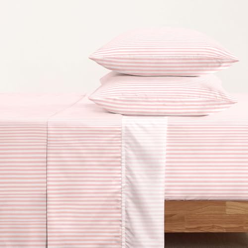 Image of Wake In Cloud - Striped Bed Sheets, 4-Piece Sheet Set, Ticking Vertical Pin Stripe Modern Farmhouse Pattern Printed Bedding, Deep Pocket, Pink White, Queen Size