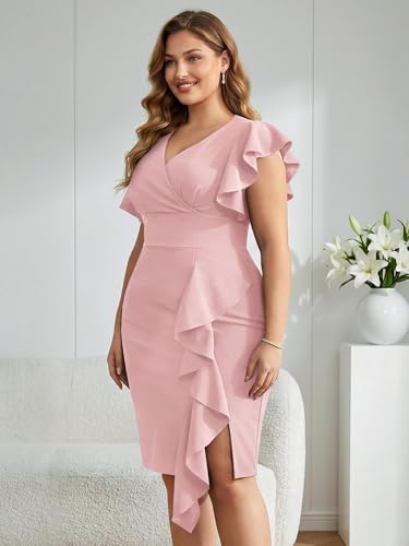 Image of Miusol Women's Plus Size Vintage V Neck Ruffles Sleeve Bodycon Business Cocktail Party Pencil Dress