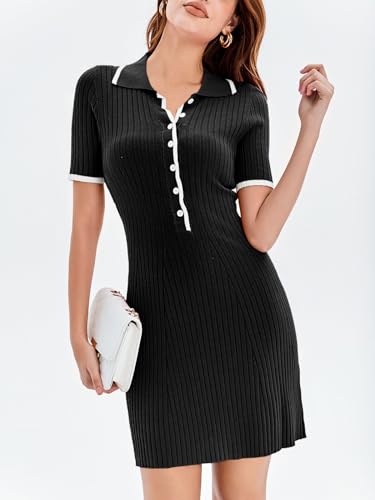 Saodimallsu Womens V Neck Short Sleeve Slim Fit Bodycon Sweater Dress Button Up Ribbed Knit Mini Summer Dresses4