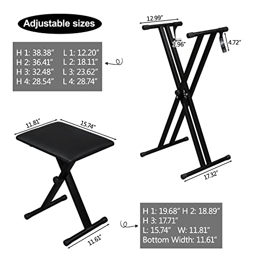 Ktaxon Double X Keyboard Stand and Bench Set, Adjustable Height Digital Piano Stand with Lockable Straps for 49 61 76 88 Keys