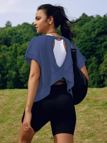 Image of SENSERISE Womens Open Back Workout Tops Backless Short Sleeve Athletic Shirt Running Crop Top Gym Yoga Tee