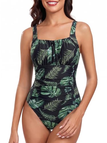 Image of FLYILY Women’s Ruched One Piece Swimsuits Tummy Control Bathing Suit Slimming Monokini 1 Piece Swimwear(Greenleaf,M)