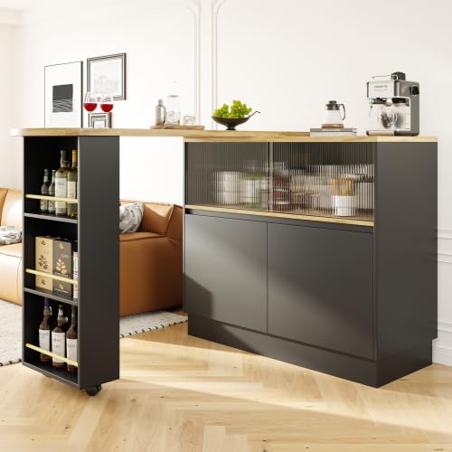 Merax Table de bar extensible et table debout pivotante, île de cuisine avec bar/comptoir, table à manger extensible 90 × 45 × 100 cm, buffet multifonction avec verre et espace de rangement
