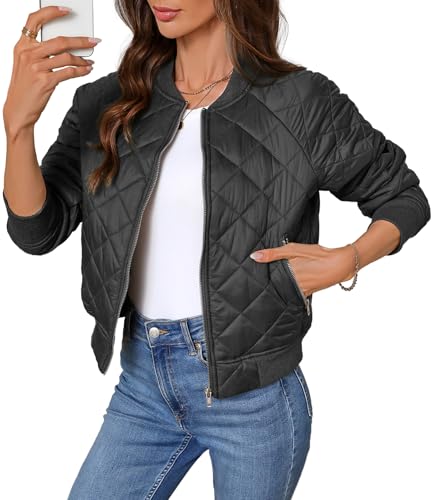 FIOPHY Women's Quilted Jackets Lightweight Zip up Bomber Jacket Long Sleeve Casual Y2K Jacket Coat with Pockets Black S