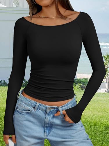 Maglietta da donna a maniche lunghe con scollo a barchetta p...