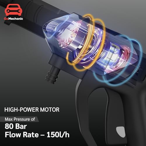Image of GoMechanic Cordless Pressure Washer | 2X Power Wireless High Pressure Car Washer | 80 Bar Pressure, Rechargeable 48V Battery| Premium Build |6-in-1 Nozzle & 5M Hose Pipe |No Tap Needed| with Cloth
