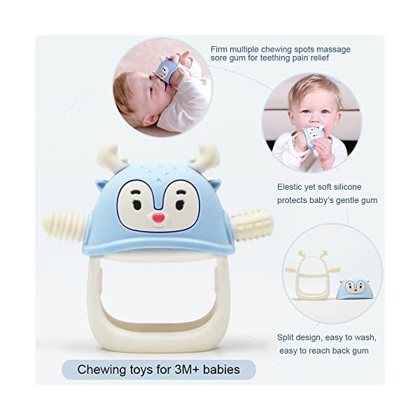 Smily Mia Never Drop Reindeer Silicone Baby Chewing Toy for 3M+ Infants, Easy to Hold Teething Miteen with Soft Textures for Sensory Exploration and Teething Pain Relief-Light Blue – Bild 3