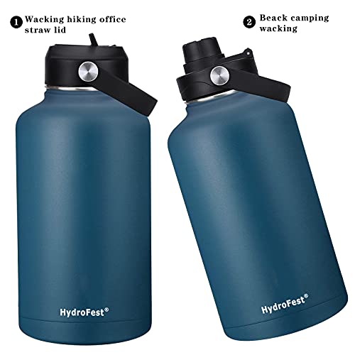 Hydrofest Insulated Water Bottle 64 Oz With Straw Lid, Wide Mouth Double Wall Insulated Stainless Steel Thermos Water Flask With Straw And Bottle Holder,Cold For 48 Hrs Hot For 24 Hrs-Cobalt #TOP4