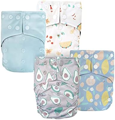 LA PETITE OURSE 4 One Size Printed Snap Cloth Diaper with 8 4-Layer Premium Bamboo Inserts + 1 Free Wet Bag, for Babies Weighing 10–35 Pounds - Foodie