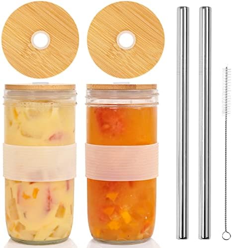ANOTION Mason Jar with Lid & Straw, 24oz Wide Mouth Drinking Glasses Tumbler Silicone Sleeve Bamboo Lid, Reusable Boba Cups Travel Bottle for Iced Coffee Large Pearl Juices, Transparent & Golden