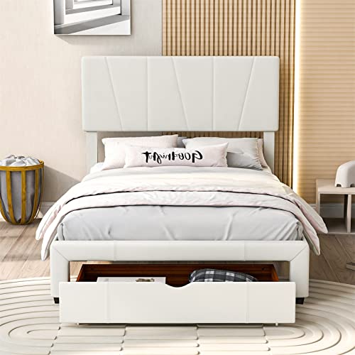 Full Bed With Storage Drawer Upholstered Platform Bed With Headboard Velvet Full Size Wooden Bed Frame With Storage For Boys, Girls, Kids, Teens, Beige #TOP2