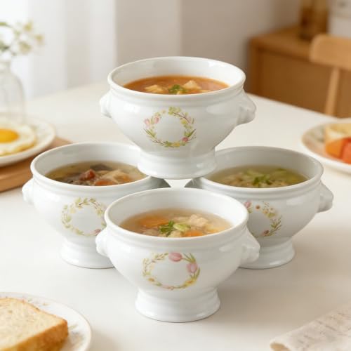 Image of Cinf Lion Head Ceramic Bowls Set of 4, 12 oz Soup & Cereal Bowls