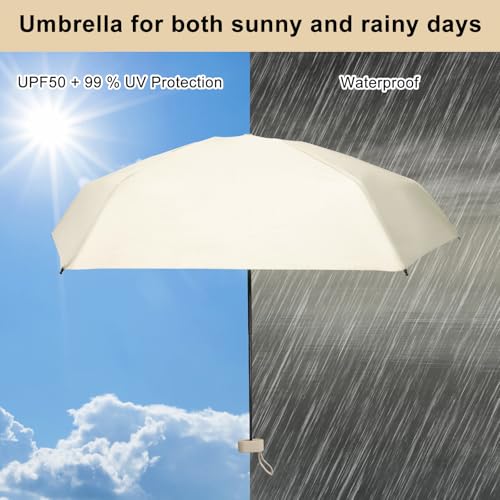 ZMDMAH Mini parasol ultrakompaktowy, ultra lekki parasol kieszonkowy z 99% ochroną przed promieniowaniem UV i UPF50+, odporna na uderzenia tkanina, stalowy drążek, powierzchnia parasola 91 cm, beżowa