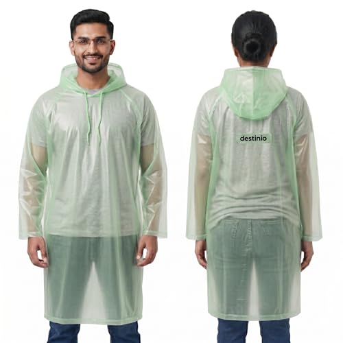 Image of Destinio Poncho for Men, Poncho for Women-Thick Waterproof PVC, Rain Coat, Reusable - Transparent Pocket Raincoat with Hood, Full Cover for Bag in Travel, Trekking, Bike Riders
