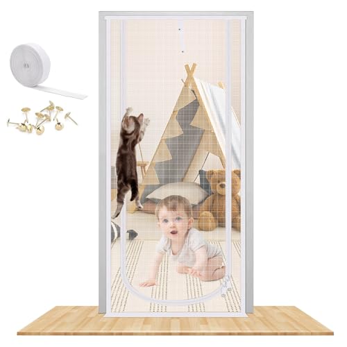 WenYa Puerta mosquitera reforzada para gatos de 90 x 210 cm, puerta de malla extra alta antimascotas con cremallera bilateral, puerta mosquitera resistente a prueba de mascotas para sala de estar
