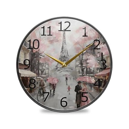 ALAZA Paris Eiffel Tower Couple Pink Floral Acrylic Painted Silent Non Ticking Round Wall Clock, 9 . 5 Inch ALAZA Paris Eiffel Tower Couple Pink Floral Acrylic Painted Silent Non Ticking Round Wall Clock, 9