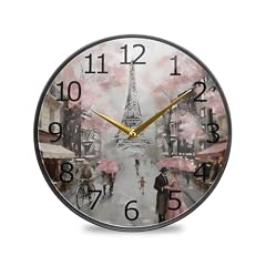 ALAZA Paris Eiffel Tower Couple Pink Floral Acrylic Painted Silent Non Ticking Round Wall Clock, 9 photo ALAZA Paris Eiffel Tower Couple Pink Floral Acrylic Painted Silent Non Ticking Round Wall Clock, 9