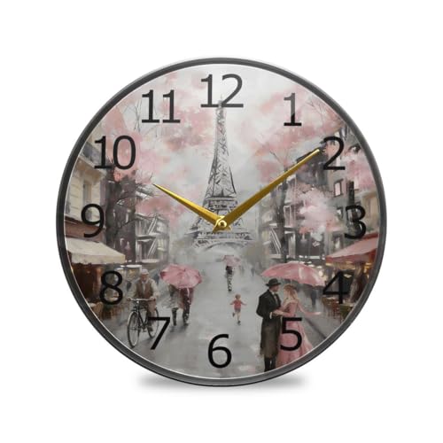 ALAZA Paris Eiffel Tower Couple Pink Floral Acrylic Painted Silent Non-Ticking Round Wall Clock, 9.5 Inch Battery Operated Quiet Desk Clock Home Art Bedroom Living Dorm Room Office School Decor