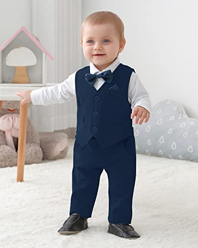 Disaur Baby Boy Clothes Toddler Boy Outfits, 4Pc Gentleman Dress Romper + Vest + Pants + Bow Tie Cotton Suit Set (Navy Blue,6-9 Months) #TOP1