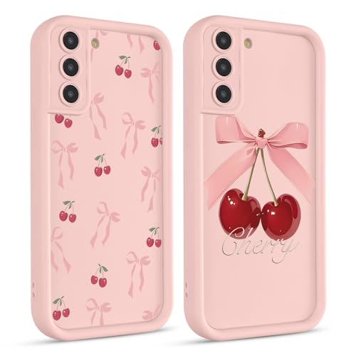 lioscre 2 Pack Cute Bow Cherry Phone Case for Samsung Galaxy S22 Plus 5G 6.6", Aesthetic Pink Bowknot Pattern Print Design Women Girls Case Soft Slim Shockproof TPU Protective Funda Cover