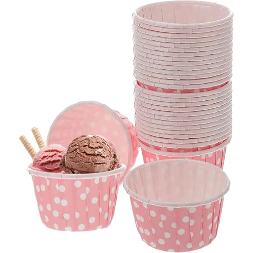 LIINC 紙使い捨てアイスクリームカップ ミニ サラダ ゼリー パフェ 冷凍ヨーグルトコンテナ ポルカカップパーティー用品 80ml 100pcs/200pcs ピンク 業務用 飲食店 (ピンク,200個)