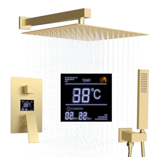 Image of Delnet 2 Functions Digital Display Valve Shower System, 12inch Wall Mounted Rainfall Shower Head & Handheld Shower, Brushed Gold