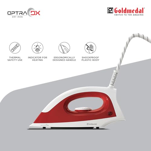 Image of Goldmedal Optra DX 1000W Dry Iron| Non-stick Weilburger Premium Coated Soleplate | iron for clothes | 5 Fabric Setting| Thermal Safety | Shock-Proof Body | Uniform Heating | Light Weight (Red- White)