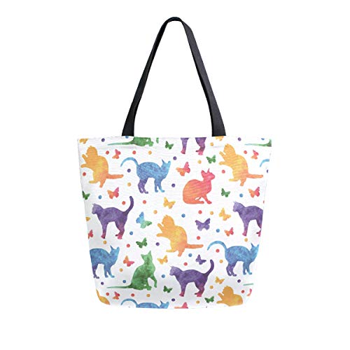 Alaza Large Canvas Tote Bag Rainbow Cute Cat Butterflies Polka Dot Shopping Shoulder Handbag With Small Zippered Pocket #TOP18