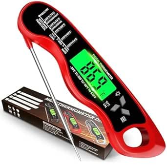 Aouplry Meat Thermometer Digital,Instant Read Food Thermometer with Backlight LCD Screen, IP67 Waterproof Foldable Long Probe & Auto On/Off, Perfect for Cooking,BBQ,Candy Making (Red)