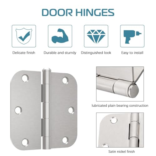 30 Pack Satin Nickel Door Hinges 3.5 inch Brushed Nickel Hinges Rounded 5/8\" Radius Corners Bedroom Residential Standard Indoor Door Hardware Hinge - Thumbnail 4