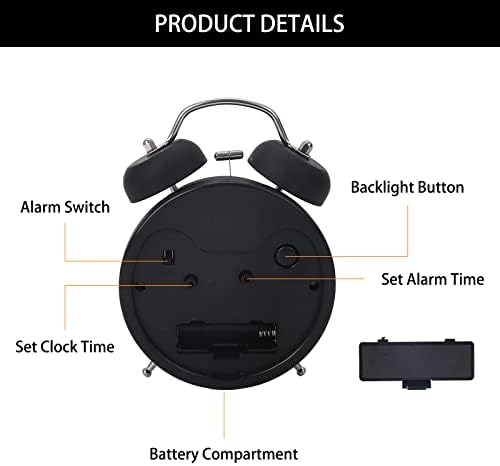 Gukasxi Double Bell Alarm Clock with Night Light, Retro Twin Bell Alarm Clock, Non Ticking Silent Bedside Alarm Clock with Backlight, Old Fashioned Analogue Desk Loud Alarm Clock for Bedroom (Black)