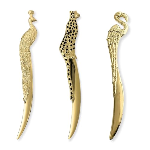 Premium 3 Piece Letter Opener Gift Set - Flamingo, Leopard, Peacock | Desk Accessories for Corporate Gifts | Includes 3 Deluxe Velvet Pouches