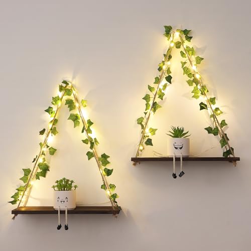JOLAIQIAN Floating Shelves for Wall, Hanging Shelves with Artificial Ivy LED String Light, No Drilling Hanging Shelf, Wood Hanging Plant Shelves for Wall Décor, Boho Decor, Art Bedroom, Set of 2