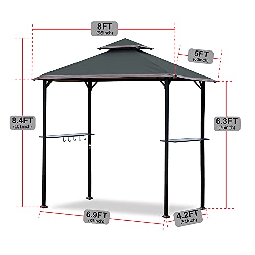 CoastShade 8\'x 5\' Gray Grill Gazebo Double Tiered Outdoor BBQ Canopy,Grill Gazebo Shelter for Patio and Outdoor Backyard BBQ\'s with LED Light x 2 (Gray)