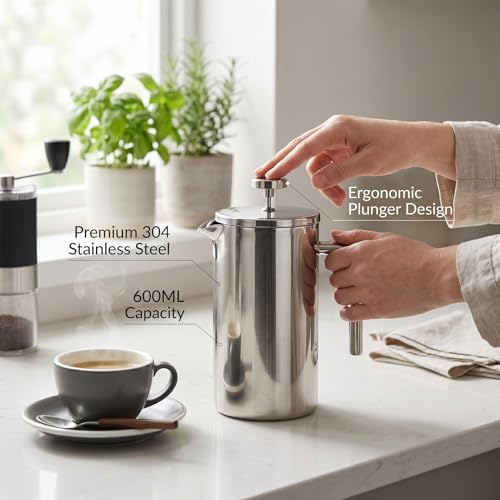 Double Wall Coffee Pot, 304 Stainless Steel French Press Coffee Maker 600ml Insulated Tea Infuser with Ergonomic Handle for Brewing - 3