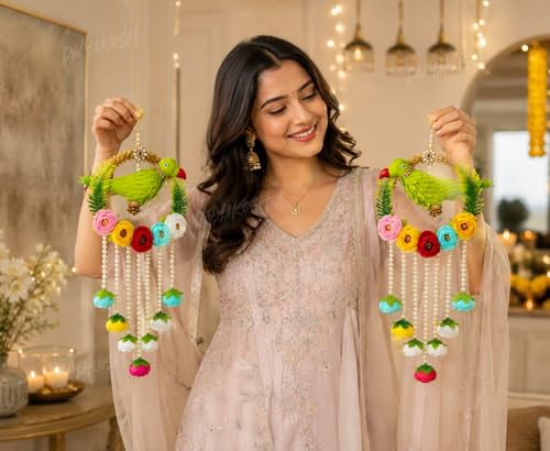 Image of Divyakosh Handmade Parrot Hanging for Home Decor Set of 2 | Indian Festive Door Wall Hanging with Pearl Tassels & Floral Design| Latkan for Diwali, Wedding, Housewarming, Living Room & Balcony