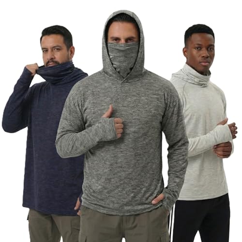 Image of 3-Pack Men's Sun Hoodie with Mask - Quick Dry Compression Fishing Shirts Long Sleeve Outdoor Work Tactical Hiking Gear