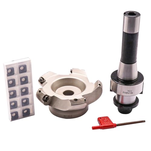 Image of 3.94 inch /100mm Cut Dia 5-Flute KM12 100-32-5T Face Mill Shell Cutter Set | 45 Indexable Face Mill, R8 FMB32 7 /16-20UNF Shank Face End Mill Arbor with 10Pcs SEKT1204 Carbide Inserts and T20 Wrench