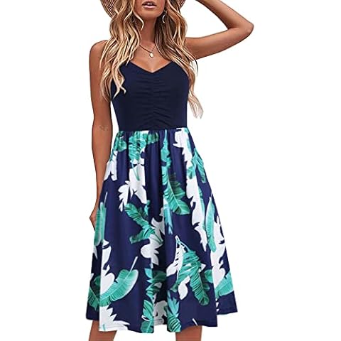 BOKALY Womens Sundresses Summer Sleeveless Adjustable Spaghetti Straps V-Neck Flower Printed Casual Dress with Pockets(BK158-Navy Floral P5,L) Cover