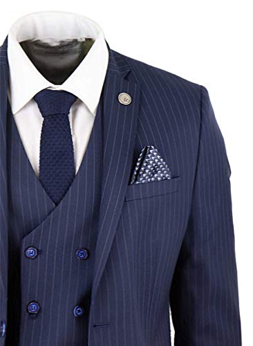 Mens 3 Piece Suit Gatsby 1920S Gangster Pinstripe Tailored Fit Navy Blue #TOP4