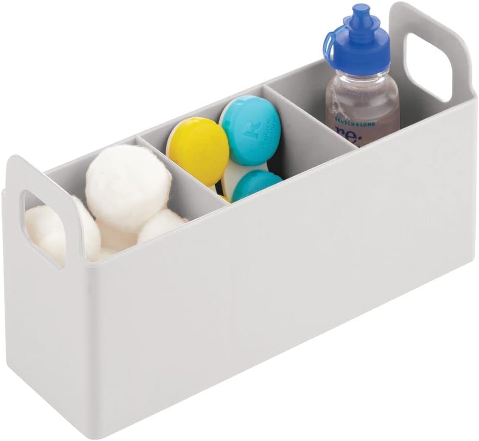 mDesign Plastic 3-Compartment Bathroom Organizer Storage Bin - Divided Makeup Caddy and Hair/Beauty Product Holder Tray - Perfect for Vanity, Counter, and Cabinet - Lumiere Collection - Light Gray