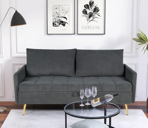 LINLUX 60" W Velvet Loveseat Sofa Couch with Storage, Small Love Seat Couches for Bedroom, Living Room, Office, Dorm, Comfy Cushion, 2 USB Charging Ports, Dark Grey - Thumbnail 2