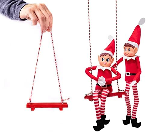 WHITEHILL Christmas Combo Elf Wooden Swing with PDQ + Elf Sleeping Bag Novelty Toy - Festive Tree Holiday Decoration - Decorative Xmas Hanging Ornament + Accessory Fit for Elf on the Shelf
