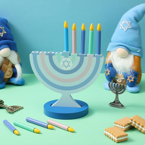 Beeveer Hanukkah Menorah Wooden Chanukah candleholders with Removable Candles 9 Pcs Traditional Candles Menorah Hanukkah Candleholder for Jewish Gifts Decorations Party Favor(Blue)(Pastel) by Beeveer - Image 2