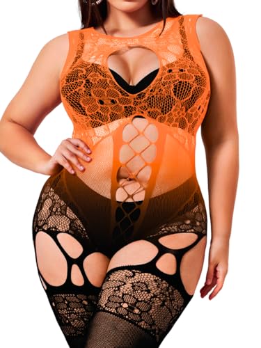 EHSUYAB Plus Size Body Stockings For Women Curvy BBW, Exotic Dancer Lingerie Outfits, Full Sexy Fishnet Bodysuit Rave Party Gradient Orange Black