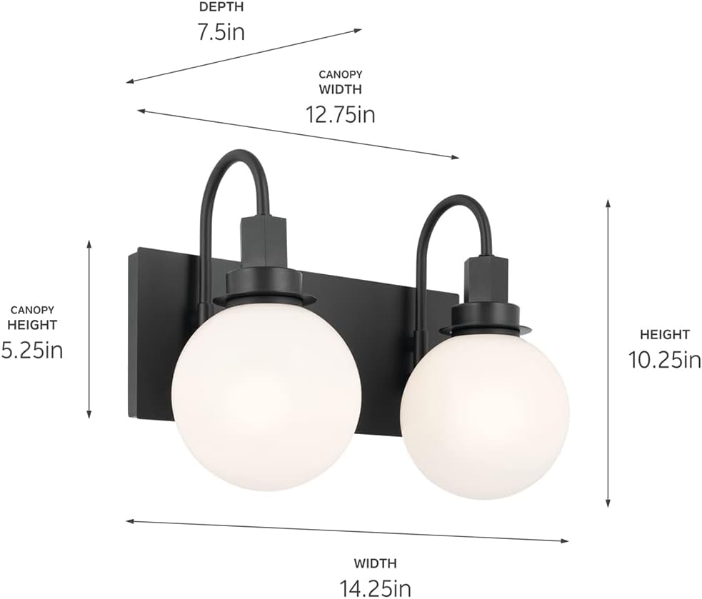 Kichler Hex 2-Light Bathroom Vanity Light Fixture, Modern Wall Mount Vanity Lighting with Opal Glass in Black, Damp Rated for Mirror Lighting Over Vanity (14.25" x 10.25"), 55150BK