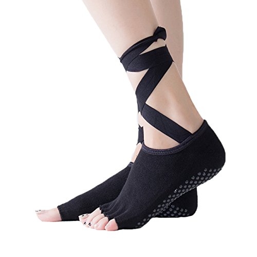Anti-Skid Yoga Socks, Lace-Up Half Toe Socks With Ribbons For Women, Black #TOP24
