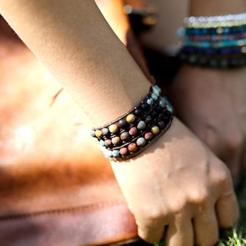 Boho Wrap Bracelets Natural Jasper Crystal Stone Variety Beads Strand Bracelet,Beaded Handmade Turquoise Bracelets（African Turquoise） #TOP3